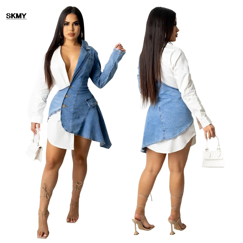 

SKMY Sexy V-neck Denim Patchwork Irregular Long Sleeved Short Dress Fashion Summer Dresses 2024