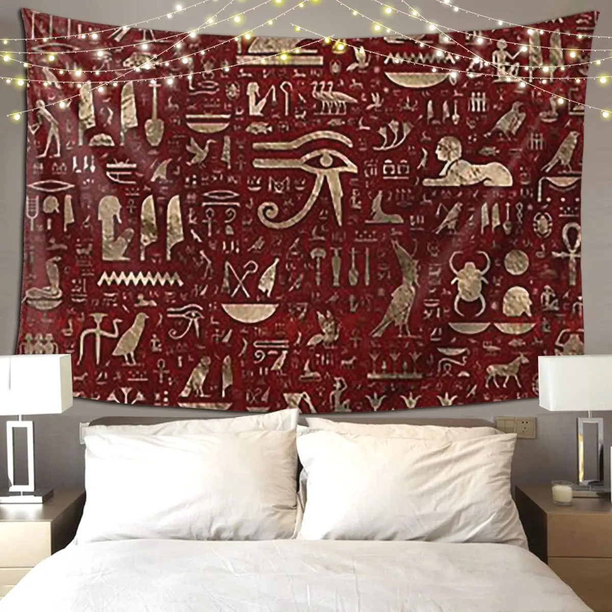 Ancient Egyptian Hieroglyphs Red Leather And Gold Tapestry Funny Wall Hanging Aesthetic Home Decor Tapestries Bedroom Dorm Room