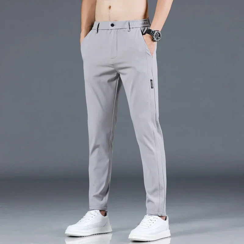 2024 Summer New Thin Ice Silk Stretch Men's Pants Casual Elastic Waist Smooth Trouser Pants Male Brand Clothing 5 Colour