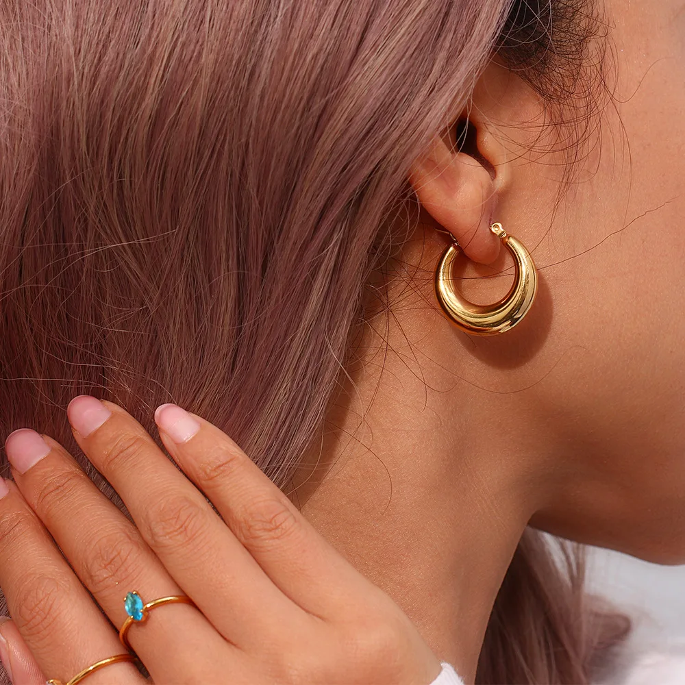 LUXUKISSKIDS Chunky Gold/Silver Color Hoop Earrings For Woman Big Round Smooth Ears Clips Stainless Steel Vintage Jewelry Gifts