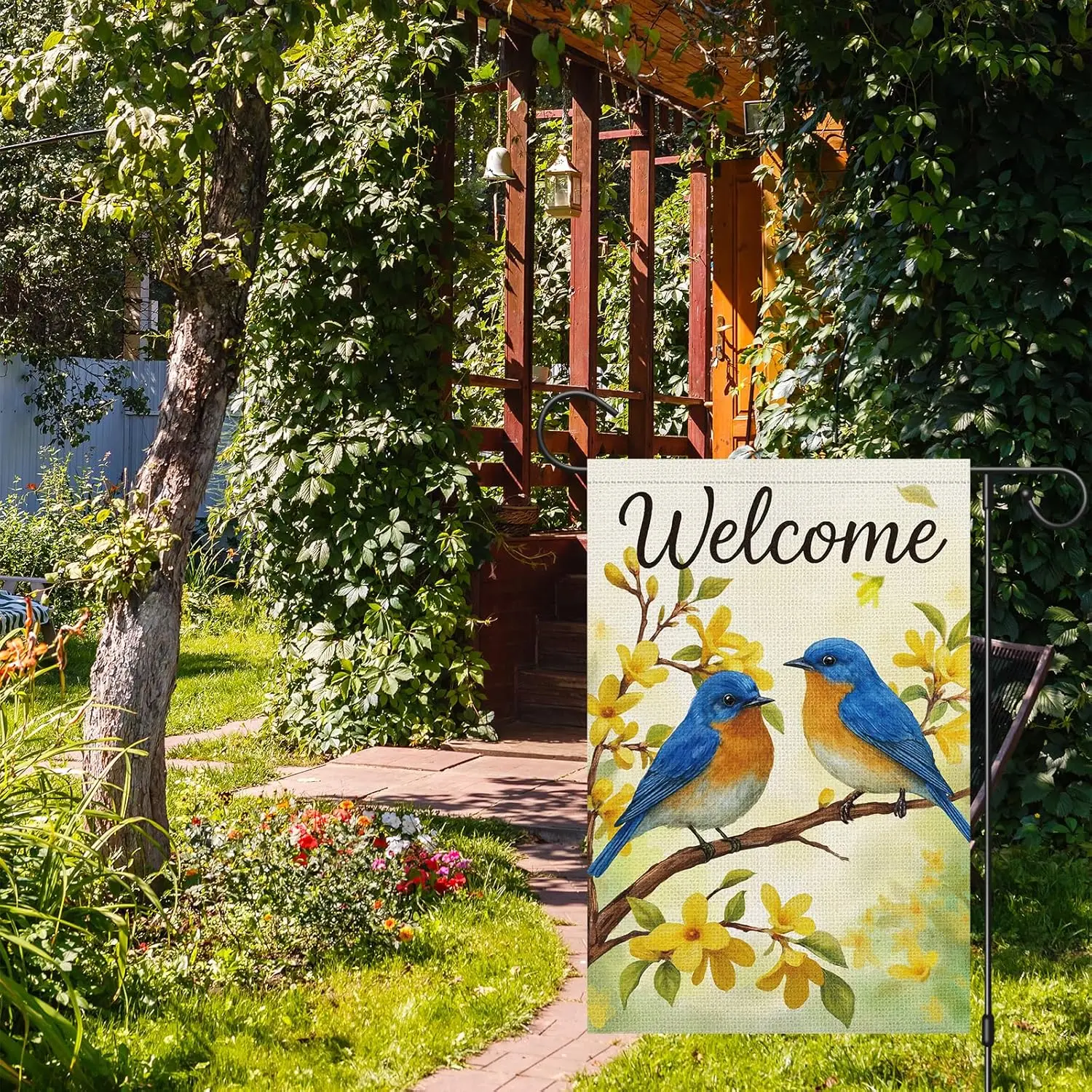 Bluebirds Spring Garden Flag 12x18 Inch Double Sided Burlap, Spring Summer Daffodils Floral Welcome Yard Flag Holiday Farmho MMZ