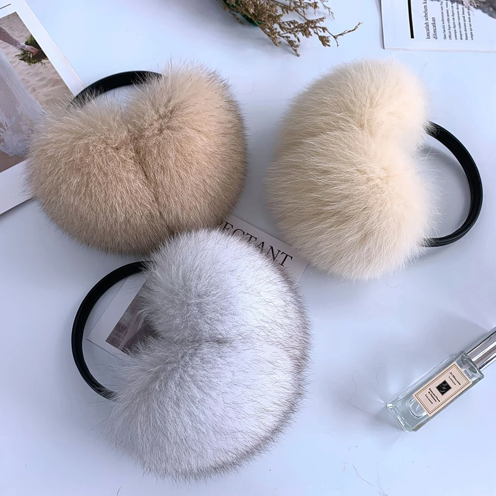 New Style Luxury Ladies Fox Fur Earmuffs Winter Women Warm Real Fox Fur Earmuffs Girl's Earlap Ultra Large Ladies Plush Earmuff