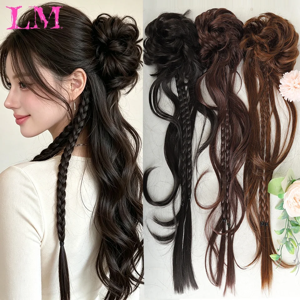 LM Synthetic Bun Wavy Ponytail Hair Extension with Elastic Hair Tie Chignon Ponytail Braided Hairpiece Strands for Girls Daily