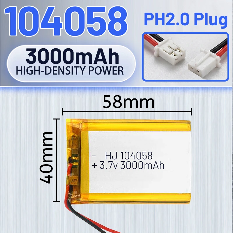 

104058 3.7V 3000mAh lithium polymer battery for massage equipment GPS navigator rechargeable battery PH2.0