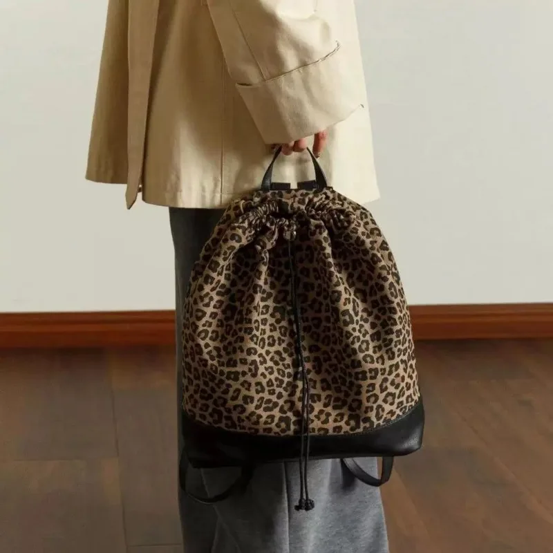 Leopard Print Backpack Fashion Commuting Large Capacity Backpacks 2024 New Drawstring Shoulders Bag for Women