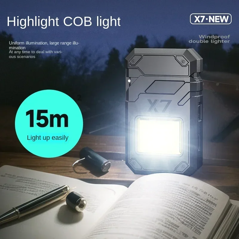 New Arc Lighter Windproof COB Lighting Light Type-c Rechargeable Outdoor Multi Functional Lighter Flashlight Mini Keychain Light