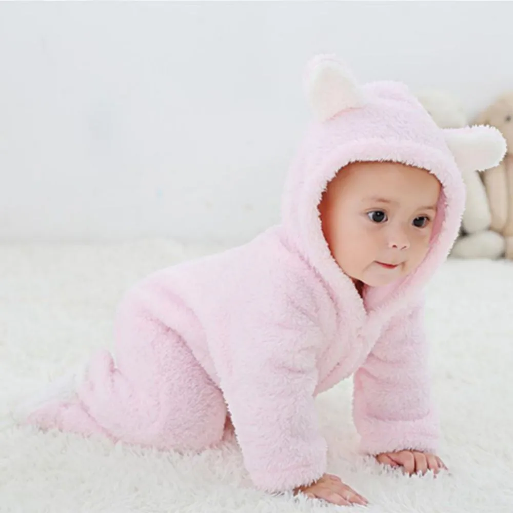 Winter Baby Clothes Cute Cartoon Bear Toddler Romper Pajama Coral Fleece Infant Infant Animal Costume Jumpsuit for Girl Boy 0-1Y