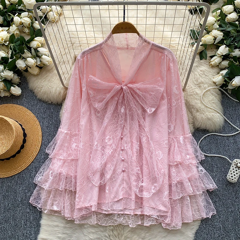 

Women's Lace Blouse French Romantic Bow Loose Long Sleeve Shirt Cute & Youthful Vibe Spring/Fall Shirt Female Top BL447