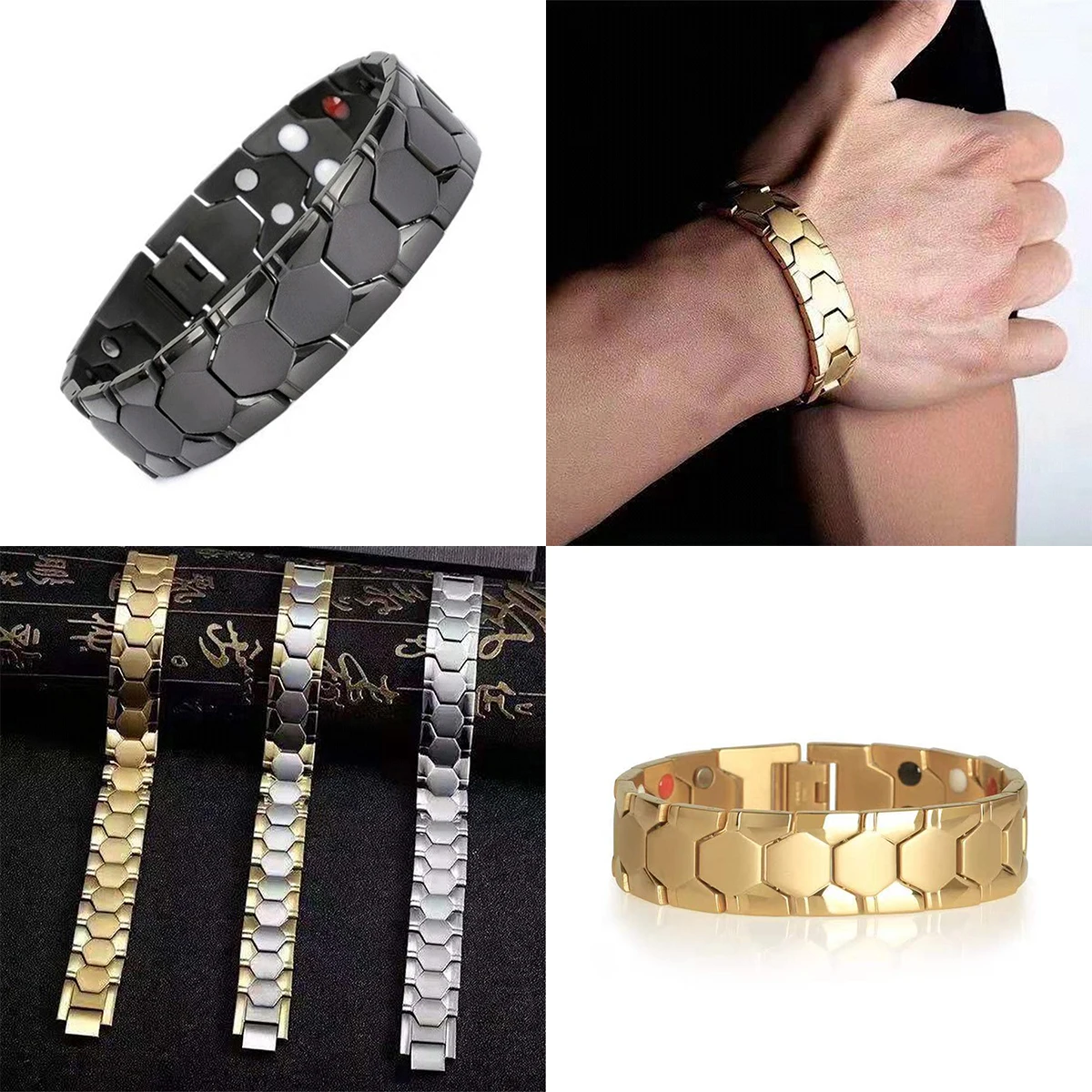 European And American Hot Selling Men\'s Square Bracelet Germanium Domineering Germanium Grain Magnet Four-in-one Bracelet Wide