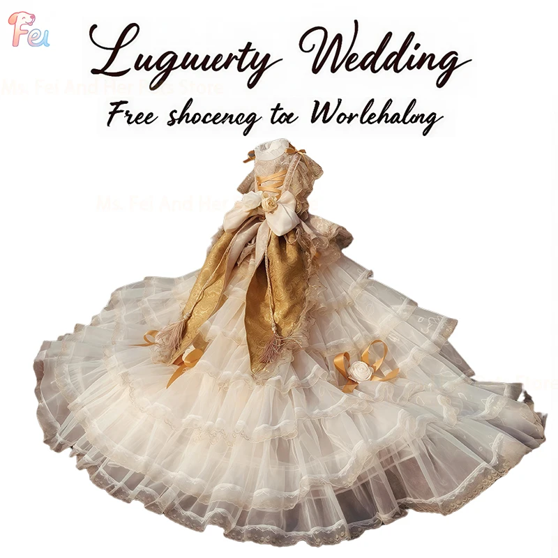 

High luxury handmade royal dog dress with golden flower dress and train dog photo, small and medium-sized luxury pet clothing