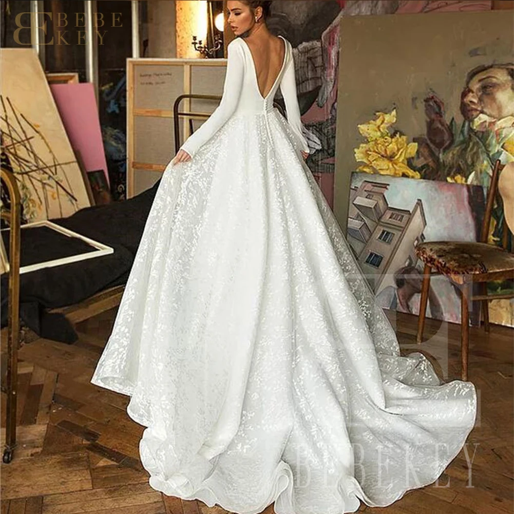 BEBEKEY Modern Satin Long Sleeve Wedding Dress A-Line Bridal Gown Customizable Formal Party Robe for Women