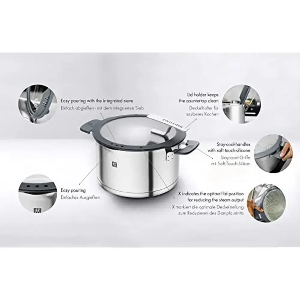 Premium Stainless Steel Kitchen Cookware Set 9 Piece Induction Compatible Grey Pots Lid Holder Integrated Sieve Stay-Cool-Handle