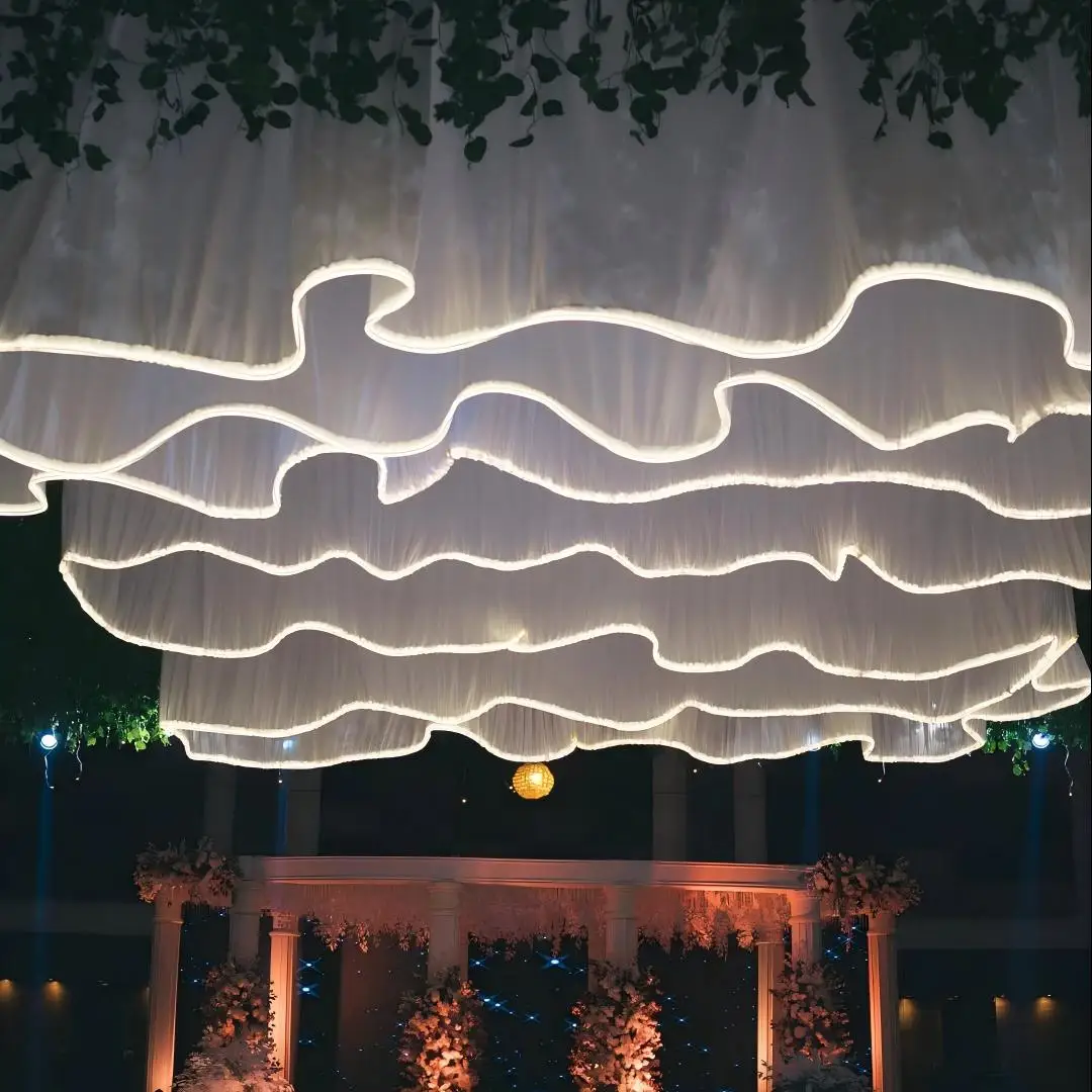 

Glowing Curtain for Wedding Ceiling Decor, White Wave Tulle Fabric with Lights, Romantic Party Christmas Event Decoration