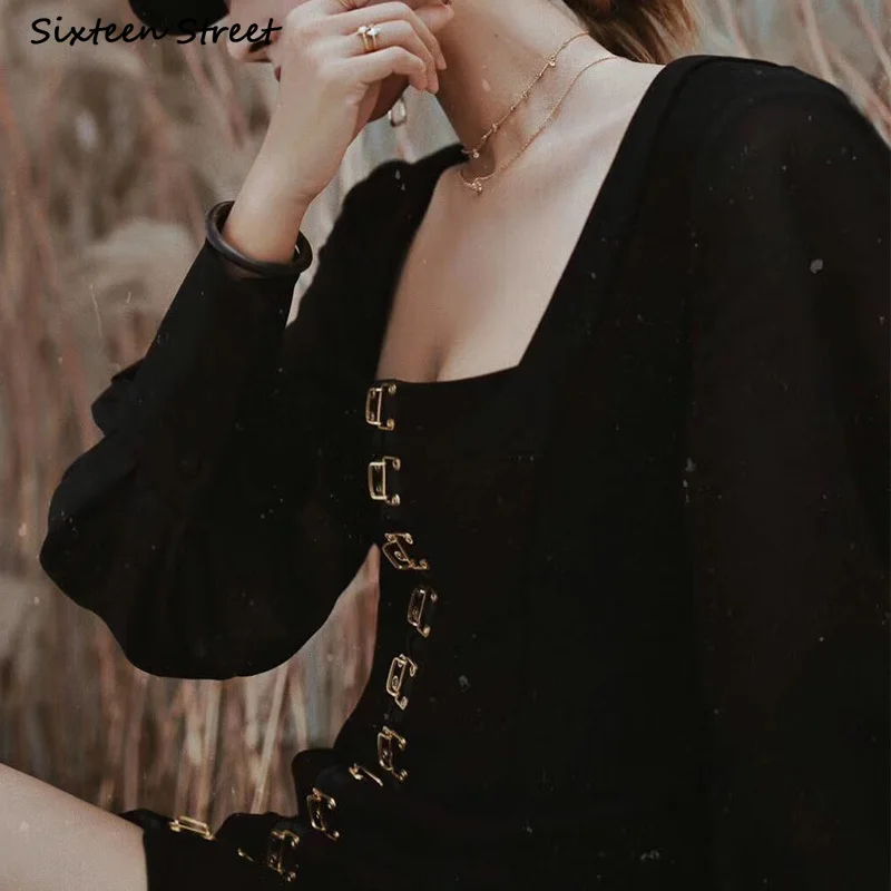 Vintage Neue Schwarze Kleid Frau Einreiher Square Neck Bodycon Kleid Weibliche Herbst Lange-sleeve Sexy Abend Party Kleider