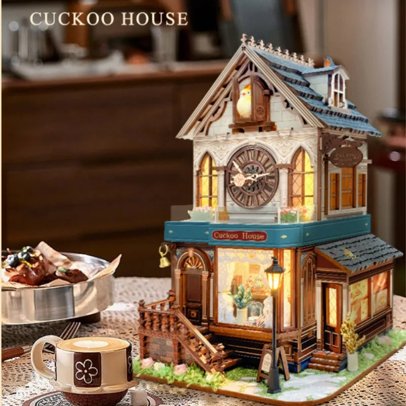 OUZEY غريب الأطوار ساعة الوقواق كوخ، تزهر زهرة البيت نموذج ثلاثي الأبعاد، هدية ديكور خشبي ساحر DIY #3