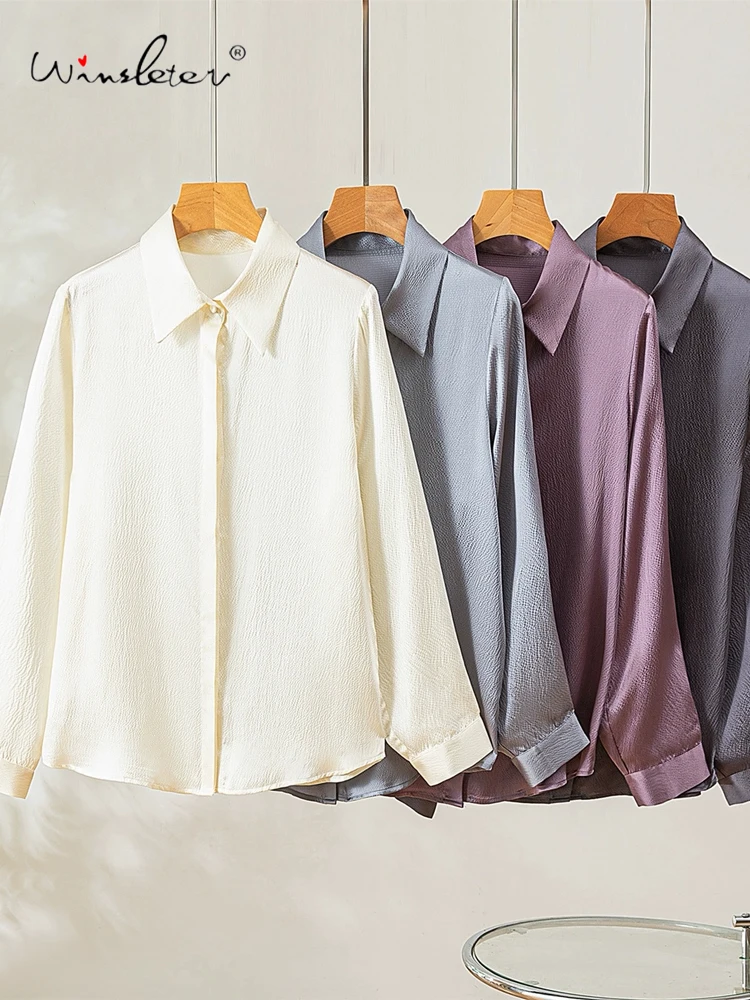 قميص Winsleter-100% أنيق من الحرير الحقيقي، ياقة مقلوبة من الساتان اللؤلؤي، بلوزة فضفاضة للتنقل المهني للسيدات، شتاء 2025 جديد T5N503CC #1