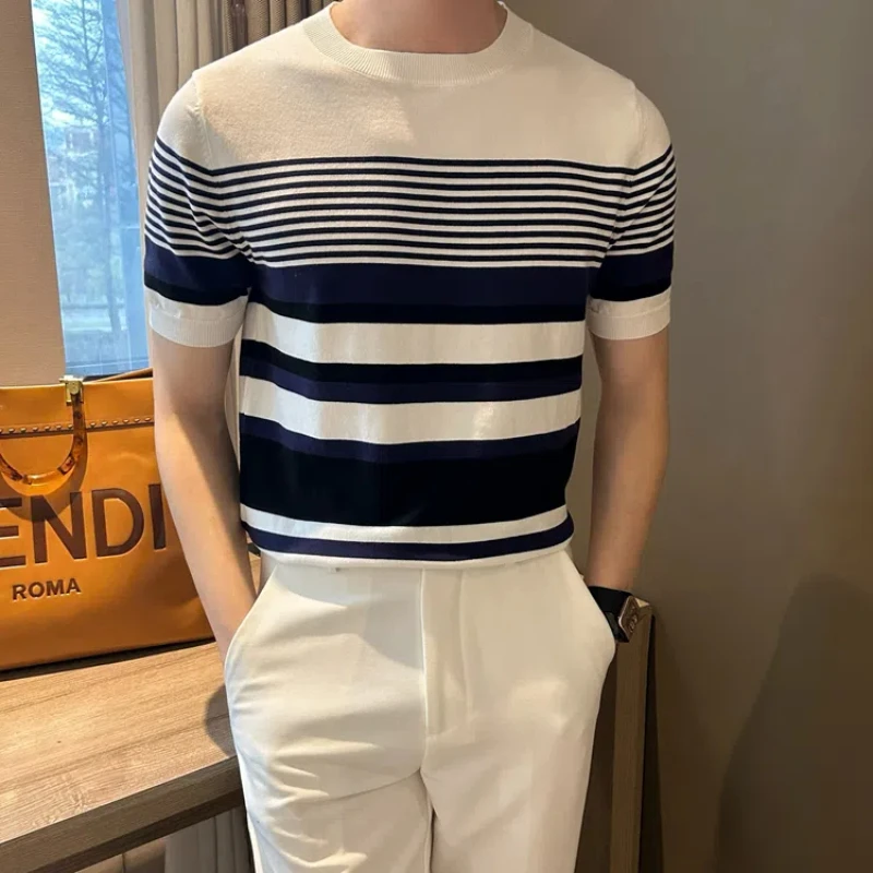 

New Summer Style Men's Striped Short-sleeved Personality Trendy Casual Half-sleeved High-end Breathable Versatile T-shirt