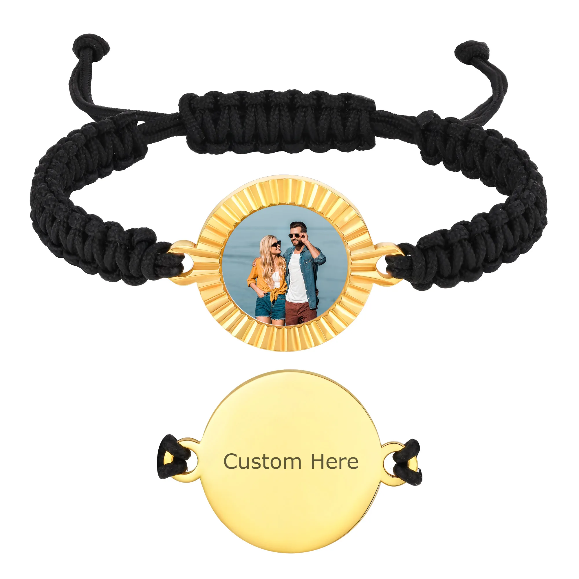 Personalized Custom Photo Black Woven Adjustable Bracelet Engrave Name Date Charm Wristband for Anniversary Family Lover Gift