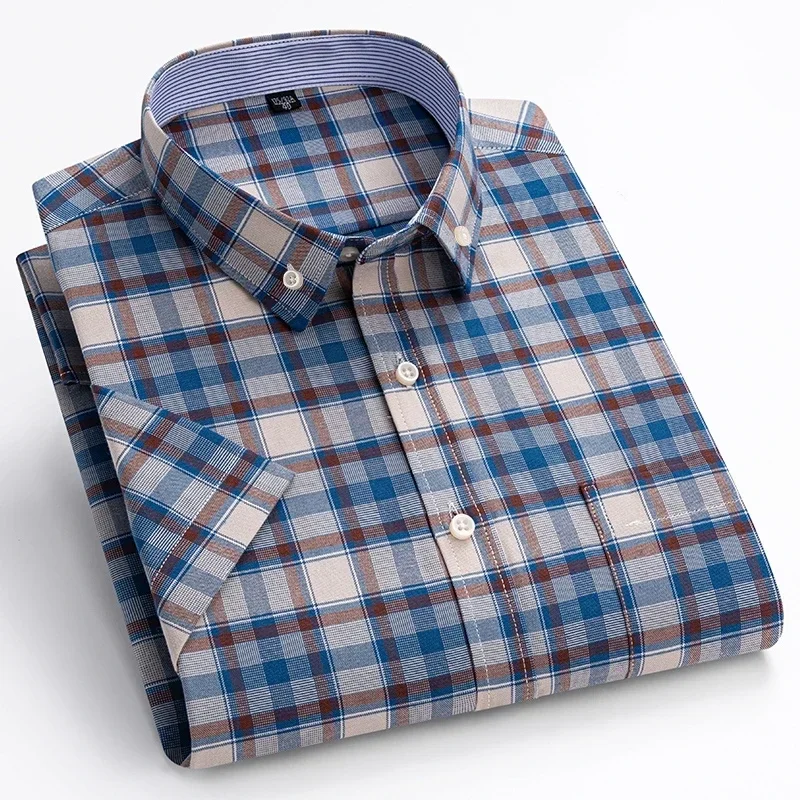 Fashionable Men's Shirt Short Sleeve 100% Cotton Oxford Stripe Plaid Formal Men's Casual Social Shirt Available in Large Sizes