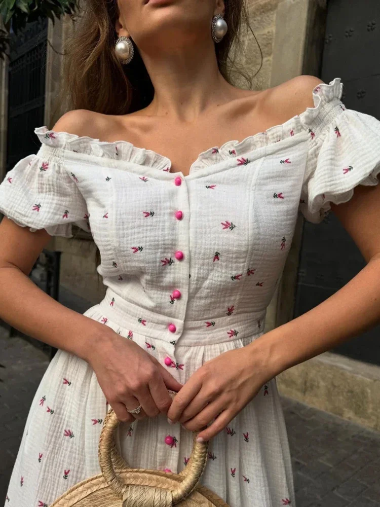 

White Floral Embroidered Off-shoulder Midi Dress Ruffled Neckline With Pink Buttons Summer Dresses 2026 Fashion Vestido 2026