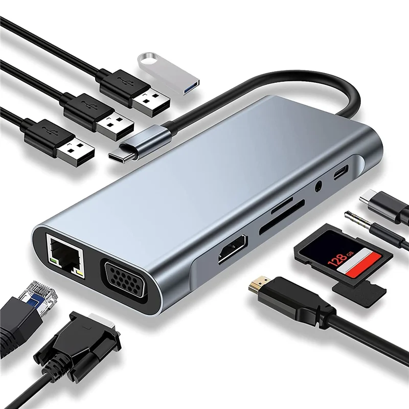 محطة إرساء USB C HUB ، متوافقة مع 4K HDMI ، VGA ، منفذ USB ، نوع C ، RJ45 ، إيثرنت ، SD ، قارئ بطاقة TF ، 11 في 1