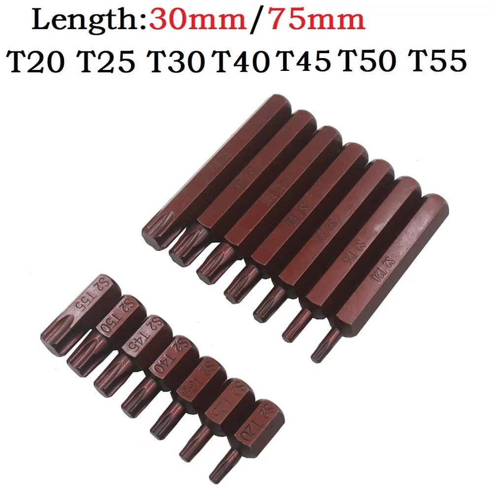 1/7Pcs Torx Star Screwdriver Bits 30mm 75mm Hex Shank T20/T25/T30/T40/T45/T50/T55 Alloy Steel Screw Driver Set Hand Tools