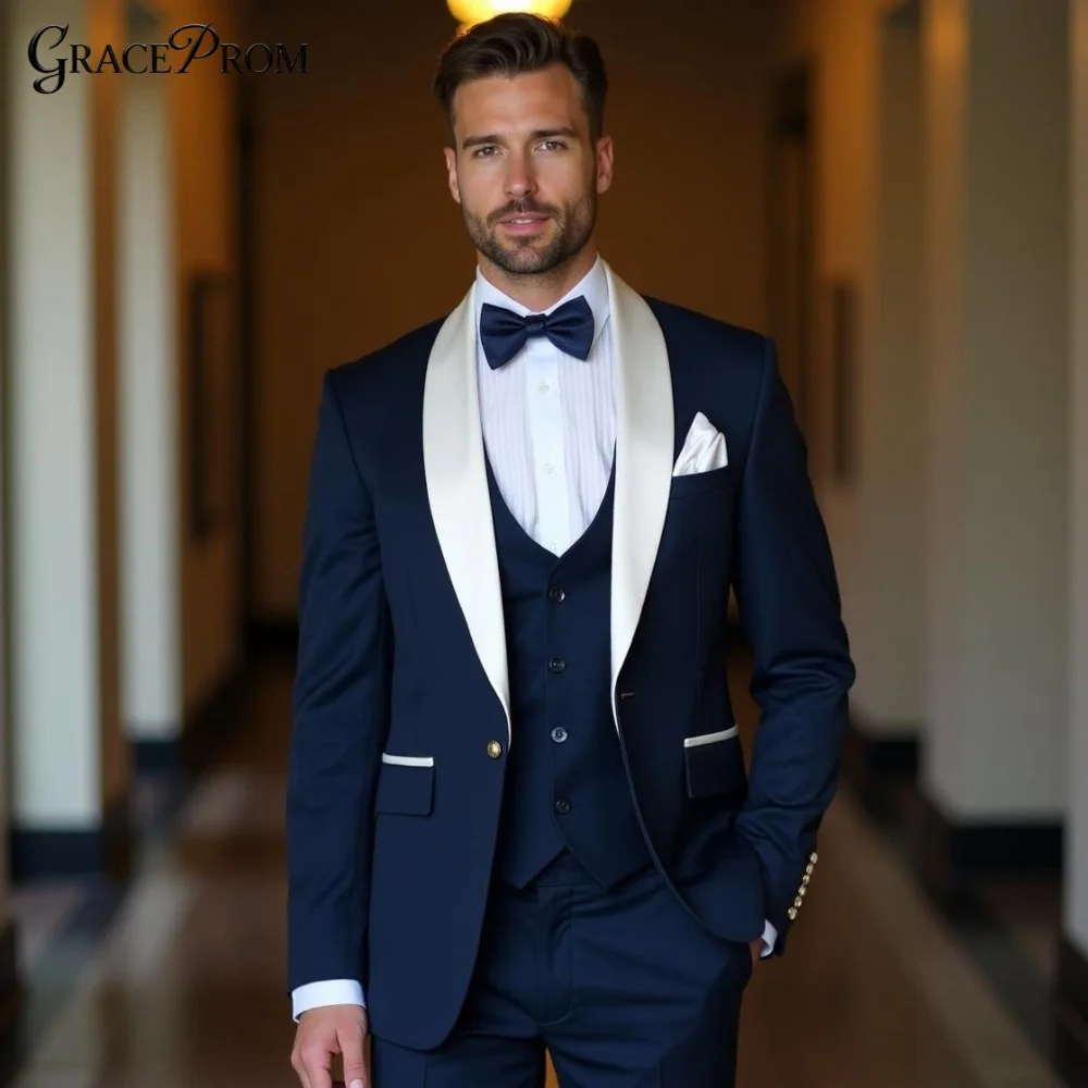 Luxury Navy Blue 3PCS Mens Tuxedo Ivory Shawl Groom Suit Vest Pants Set For Wedding Ceremony Prom Graduation Event Customized