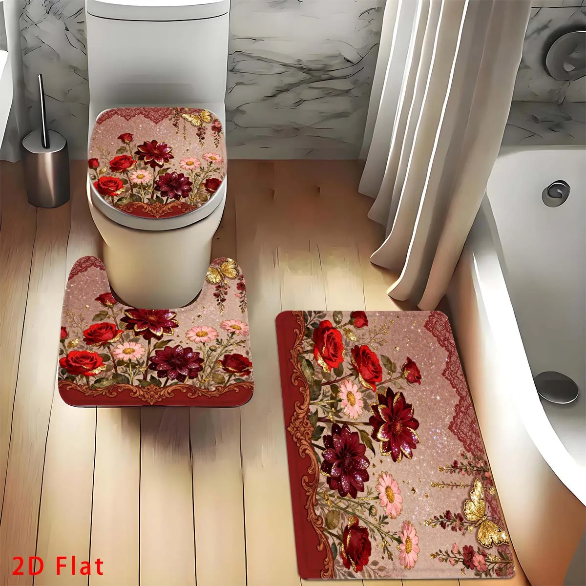 3Pcs Vintage Red Rose Floral Bathroom Mat Set 2D Flat Print Golden Butterfly Lace Ornate Border Non‑Slip Bath Rug U‑Shaped Contour Mat Toilet Seat Cover Retro Bathroom Home Decor
