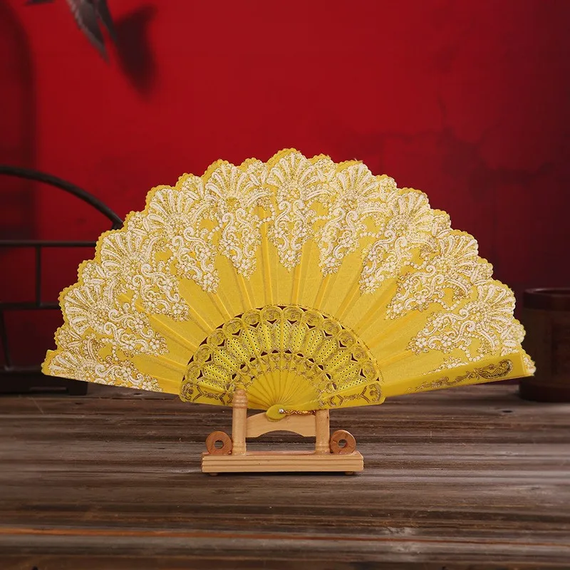 Ventilador de adereço hanfu chinês, ventilador dobrável em pó dourado, polvilhado com ouro, estilo chinês, adereço de dança, presente de performance de estudante, dramatização c