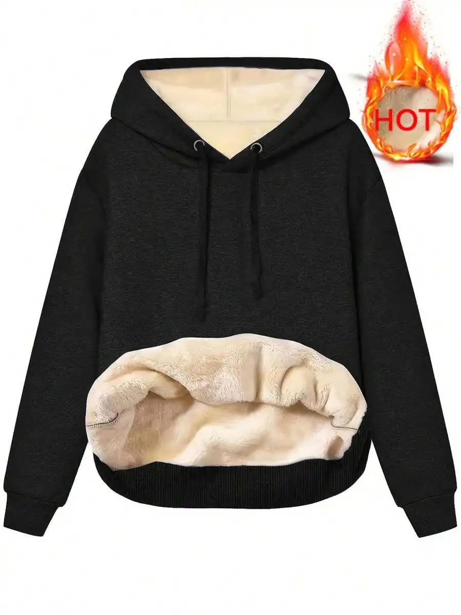 

Plus Size Women's Black Hoodie with Fleece Lining for Autumn Winter Warmth