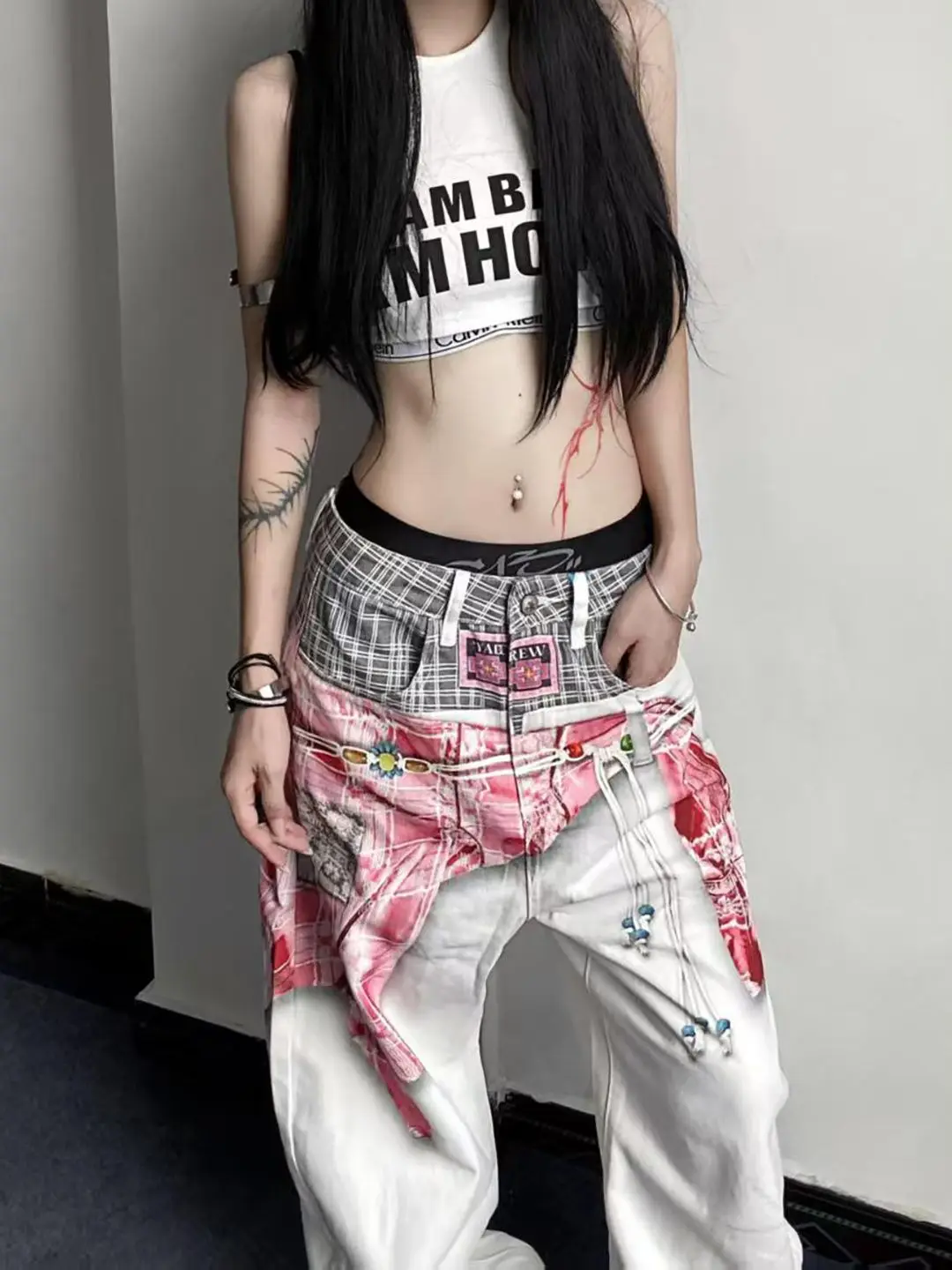 Calças de brim de impressão branca feminina carga baggy y2k japonês harajuku high street estética 2000s estilo calças jeans roupas