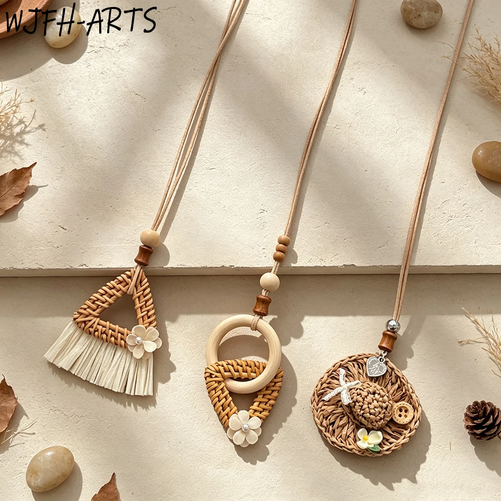 WJFH-ARTS Fun Rattan Weave Straw Hat Flower Triangle Pendant Necklace Lady Leisure Vacation Style Long Neck Chain Accessories