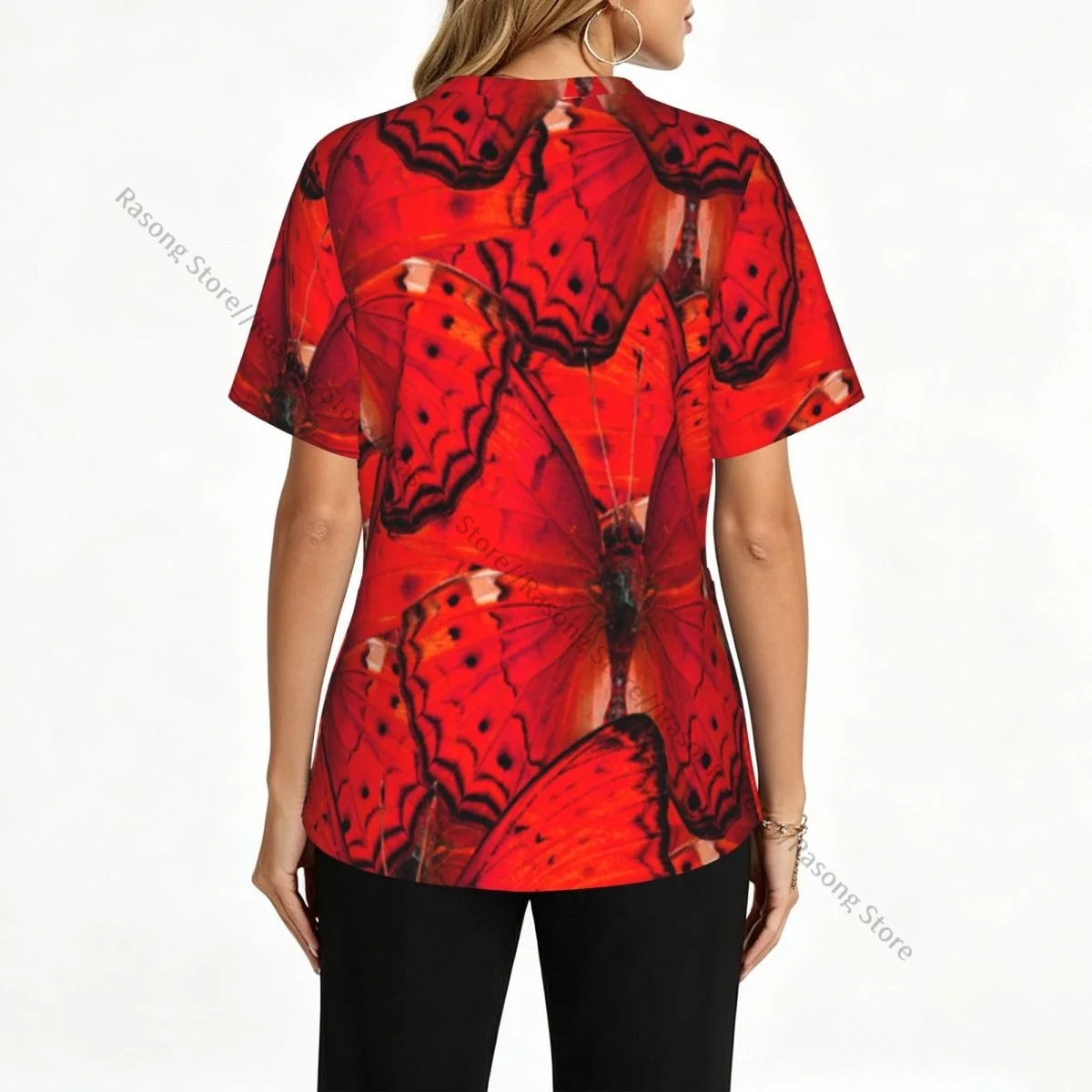 Women Scrub Top Yeoman Butterfly Cirrochroa Wing Texture Short Sleeve Nurse Hospital Uniform Female Working Clothes with Pocket