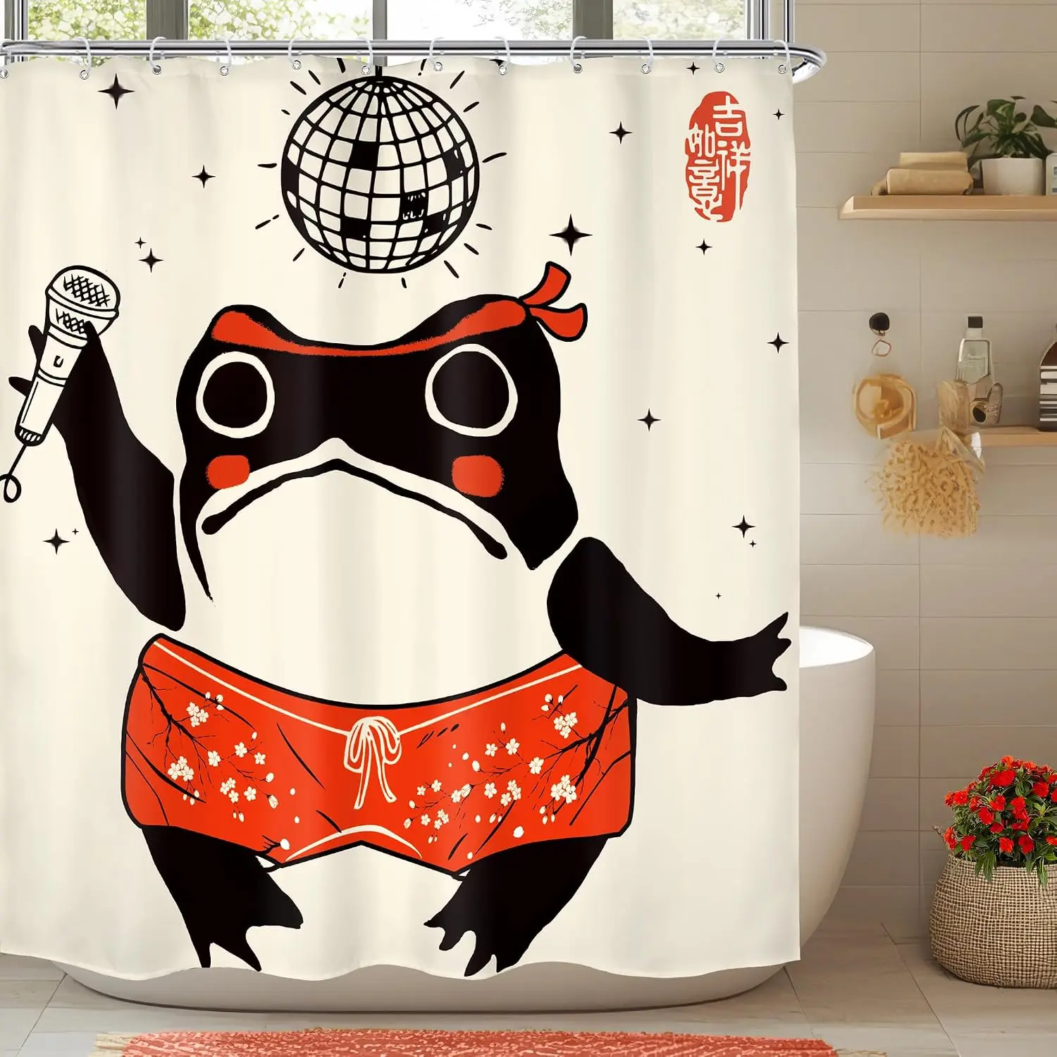 Cute Singing Frog Disco Ball Chinese Style Waterproof Washable Shower Curtain Home Bathroom Decor Privacy Bath Curtain