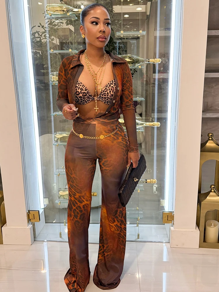 Nibber는 레오파드 무늬 2 개 세트 여성 섹시 버튼 타이트 블러 + 플래 팬츠 매치 스트리트 클럽 스트레치 의상