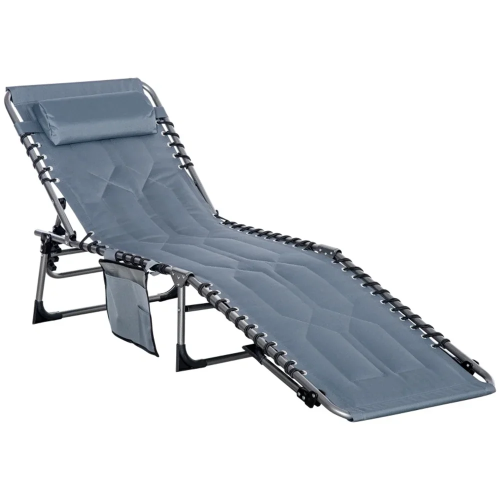 

Padded Folding Chaise Lounge Chair, Outdoor 6-Level Reclining Camping Tanning Chair With Headrest For Beach, Yard, Patio, Pool,