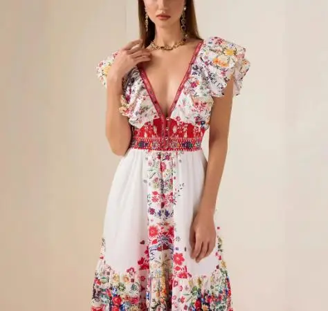 

V-Neck Low Cut Sleeveless Pleated Retro Dress for Summer New Women's Beach Vacation Style Sexy Backless Lace Up A-Line Dress