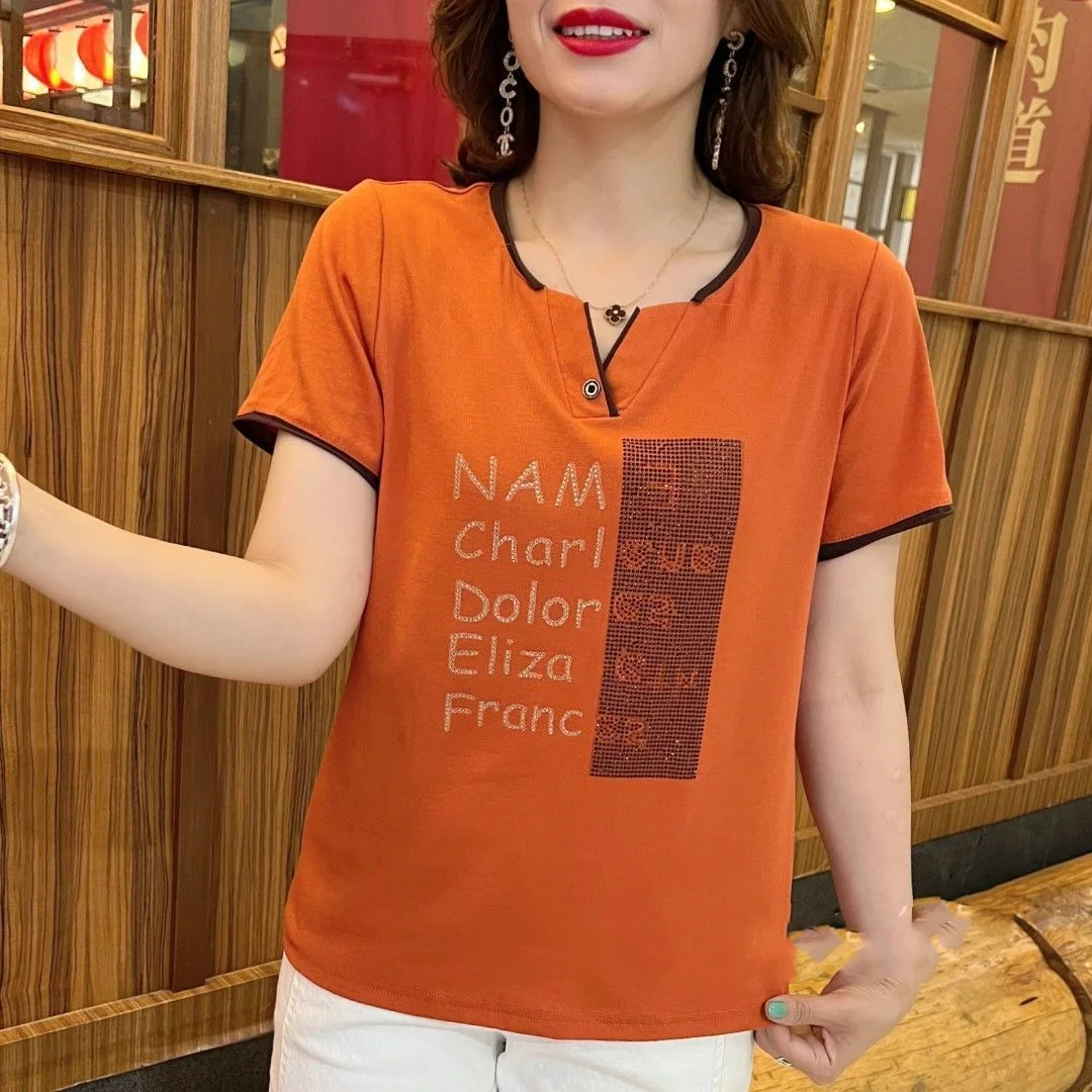 Womne Summer New Appear Thin Round Neck Diamonds Short Sleeved Tops Fashion All-match Large Size Temperament Office Lady T-shirt