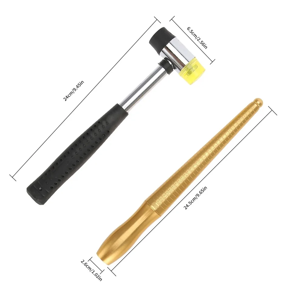 2Pcs Ring Resizing Shaping Tool Kit Graduated Copper Ring Mandrel Double‑Faced Mallet Hammer Jewelry Repair DIY Tools