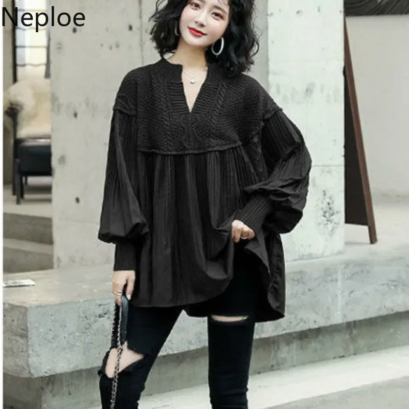 Sweter damski Neploe Fashion w koreańskim stylu oversize topy rękaw lampionowy plisowane swetry Patchwork V Neck eleganckie swetry ubrania