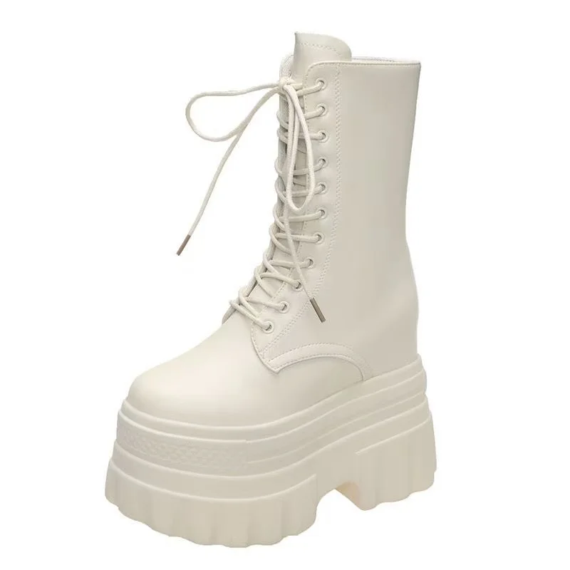 

Ботинки до середины икры на массивной платформе 14 см, женские новые осенне-зимние мотоциклетные ботинки, женские нескользящие кожаные армейские ботинки на толстой подошве