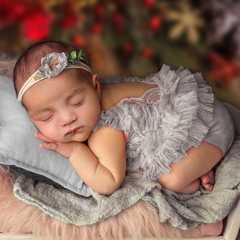 Ylsteed Pink Gray Newborn Lace Romper Photography Outfits Baby Girl Photo Shooting Clothes