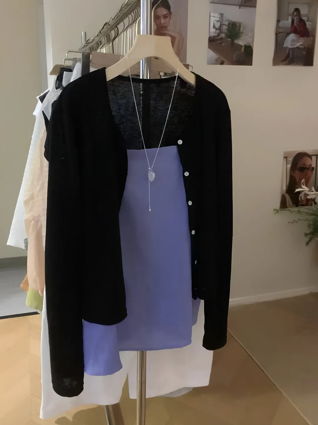 

Korean Style Simple Black Knitted Cardigan Purple Strap Vest Women's Summer Sun Protection Slimming Versatile Two-Piece Set