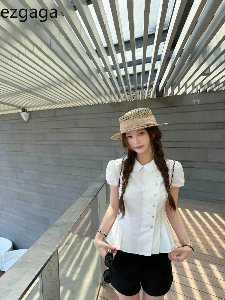 

Ezgaga Shirts Women Sweet Short Sleeve Peter Pan Collar Spring Summer Fashion Vintage Y2k Elegant Blouse Ladies Casual