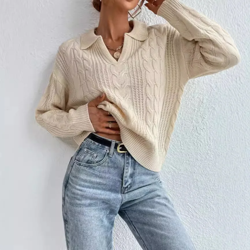 

Pull Hiver Femme Lapel V-neck Pullover Autumn Winter Women's New Versatile Ribbed Knitted Sweater Solid Color Top Ladies Clothes