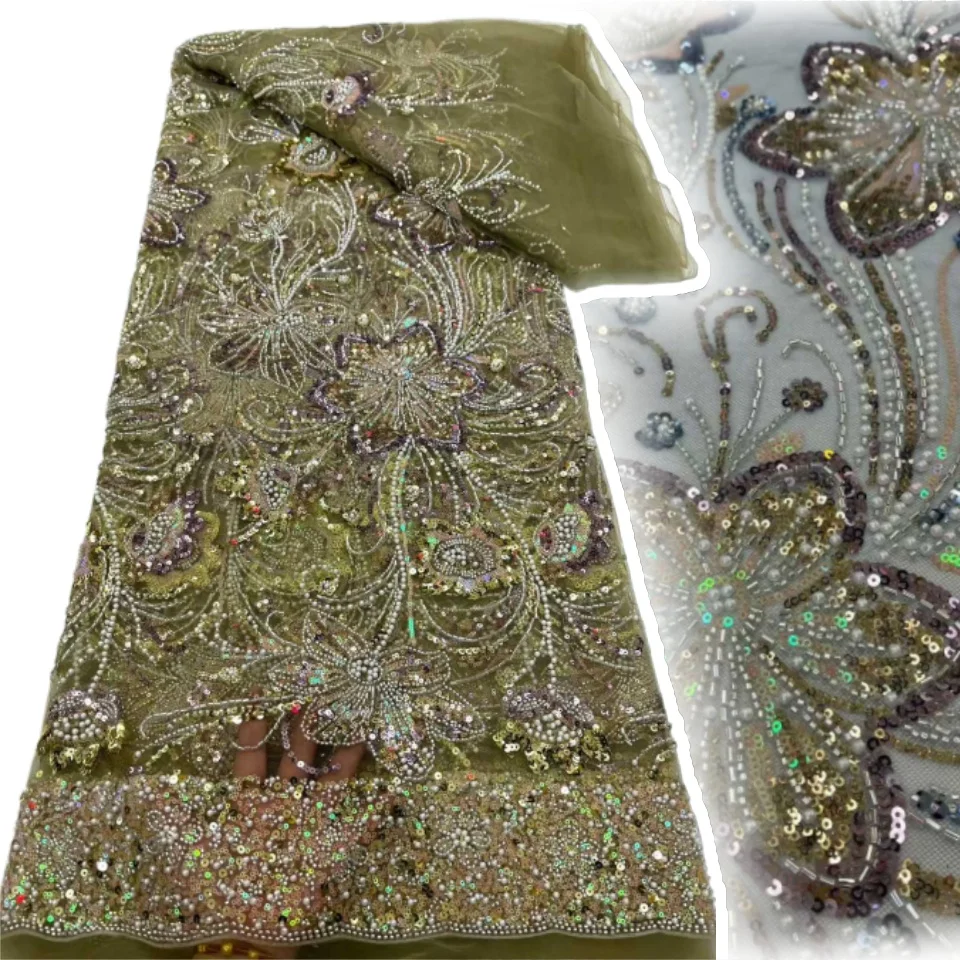 

Navy Green Beads Lace African Sequins Luxury Laces on Sale 5 Yards Sequence Tulle Lace Nigeria French Fabric for Sewing TP1370