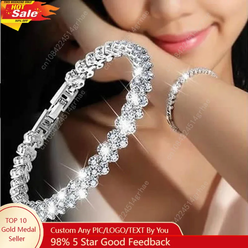 

Luxury Roman Crystal Bracelet For Women Fashion Heart Chain Bracelets Rhinestone Bangle Wedding Bridal Jewelry Accessories Gifts