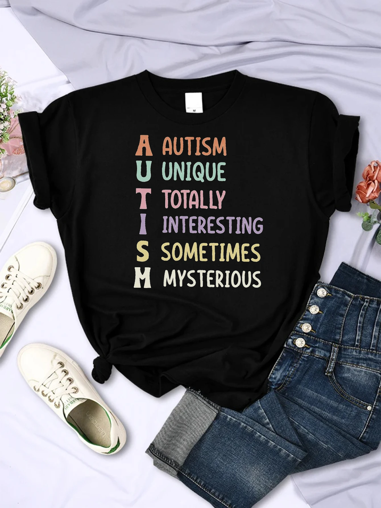 Autismo sempre único totalmente interessante confortável solto ajuste em torno do pescoço camiseta natal durante todo o ano multi-cor