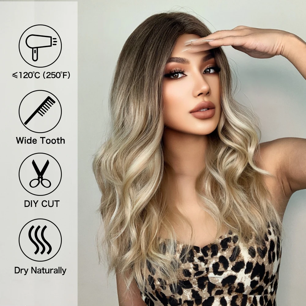 Long Wavy Synthetic Lace Front Hair Wigs Mid-Length Brown Blonde Ombre Lace Wig for Women Afro Cosplay Daily Heat Resistant Hair