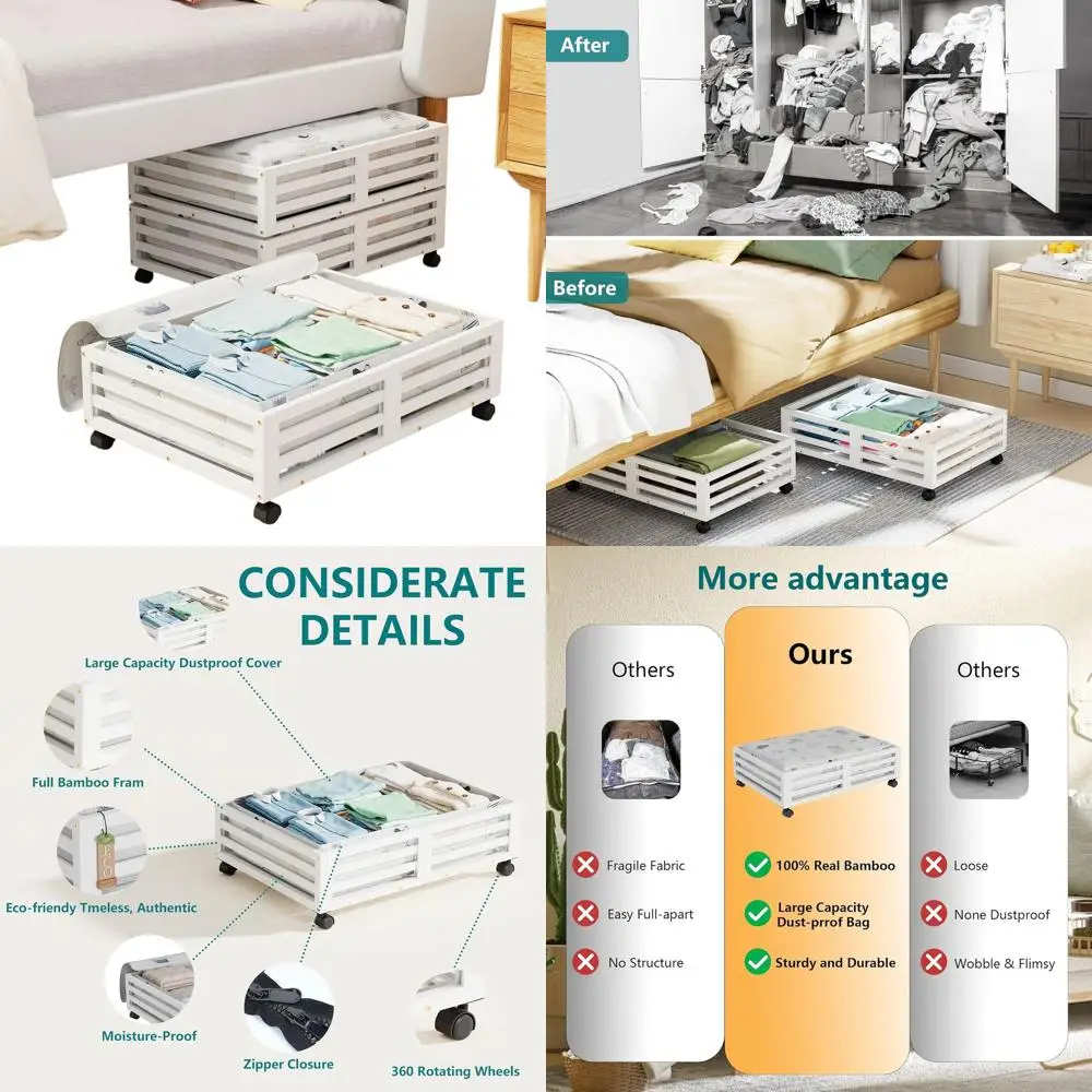 

Коробки для хранения под кроватью на колесиках - набор пыленепроницаемых органайзеров большой вместимости, 2 шт. (белые, 23.62×16.54)